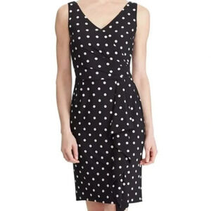 Lauren Ralph Lauren Black White Polka Dot Sleeveless Ruched Dress Size 6
